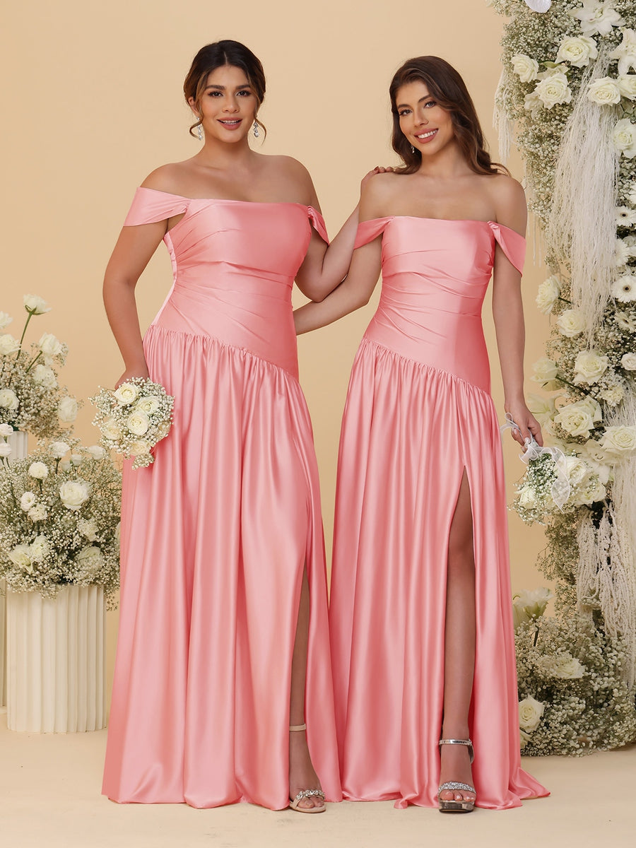 A-Line/Princess Off-the-Shoulder  Ruched Long Bridesmaid Dresses With Side Slit & Pleats - 画像 (34)