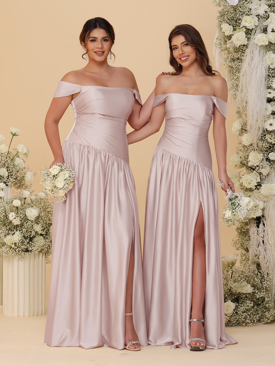 A-Line/Princess Off-the-Shoulder  Ruched Long Bridesmaid Dresses With Side Slit & Pleats - 画像 (45)