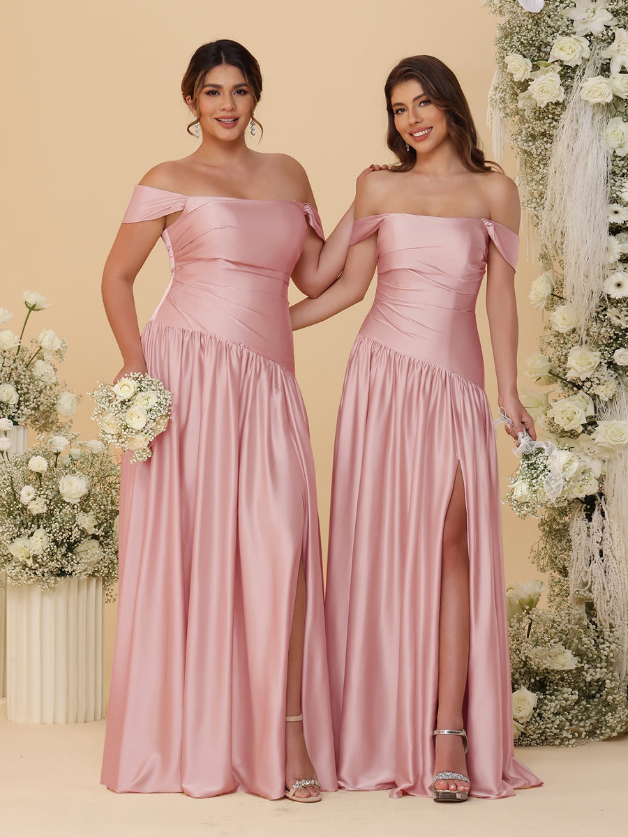 A-Line/Princess Off-the-Shoulder  Ruched Long Bridesmaid Dresses With Side Slit & Pleats - 画像 (35)