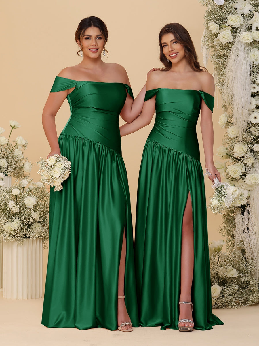 A-Line/Princess Off-the-Shoulder  Ruched Long Bridesmaid Dresses With Side Slit & Pleats - 画像 (64)