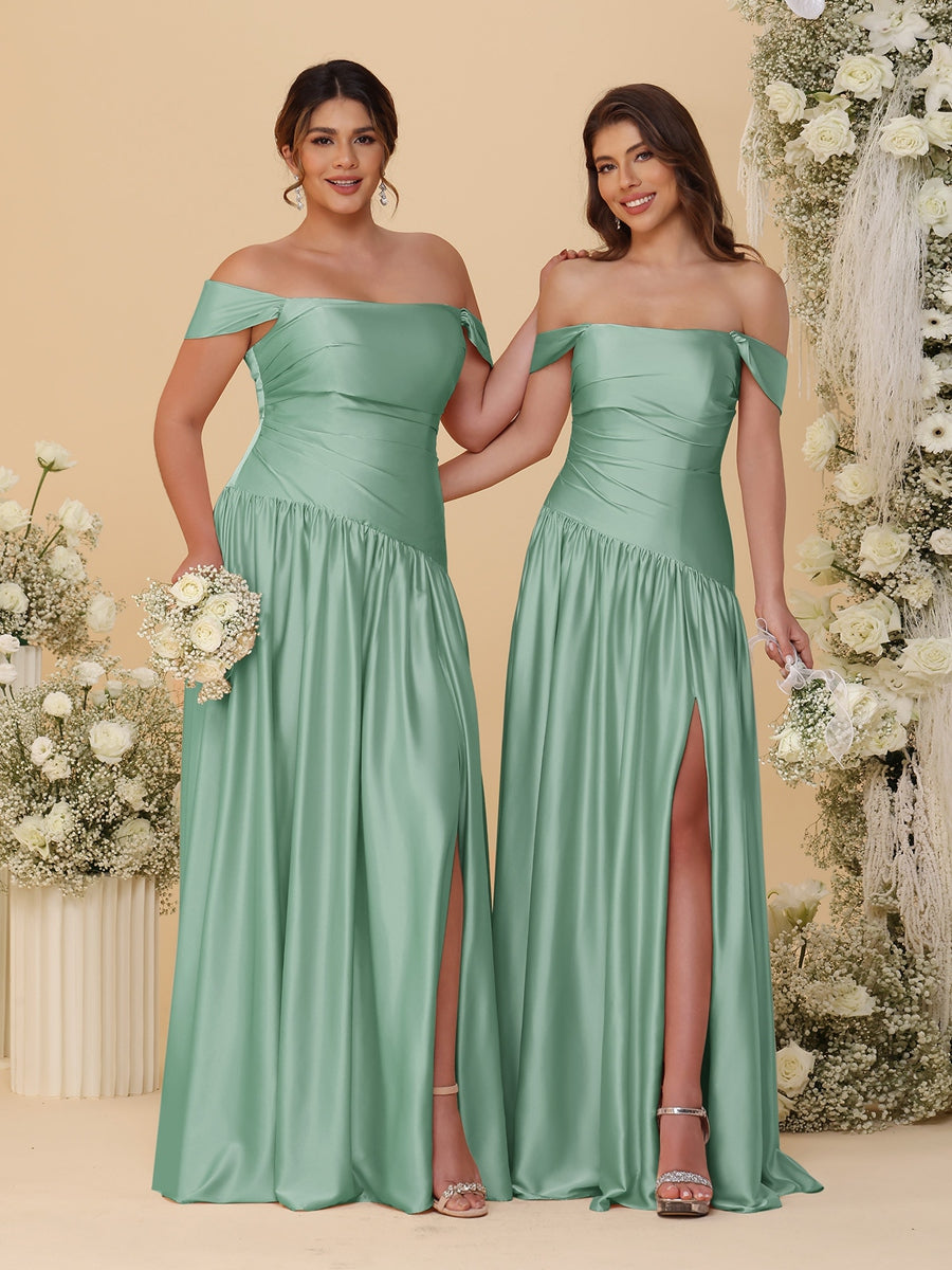 A-Line/Princess Off-the-Shoulder  Ruched Long Bridesmaid Dresses With Side Slit & Pleats - 画像 (65)