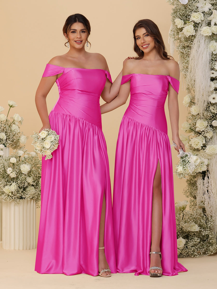 A-Line/Princess Off-the-Shoulder  Ruched Long Bridesmaid Dresses With Side Slit & Pleats - 画像 (47)