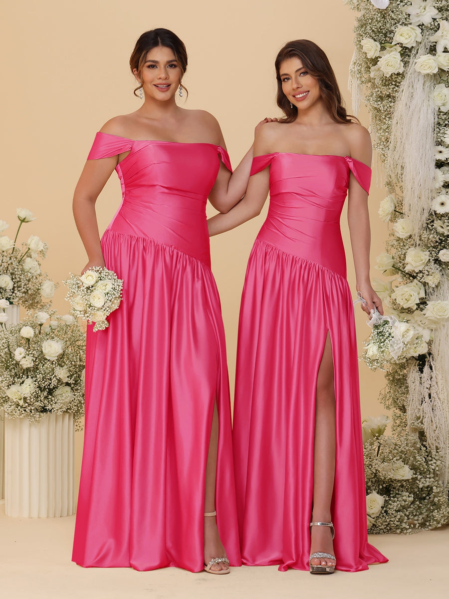 A-Line/Princess Off-the-Shoulder  Ruched Long Bridesmaid Dresses With Side Slit & Pleats - 画像 (48)