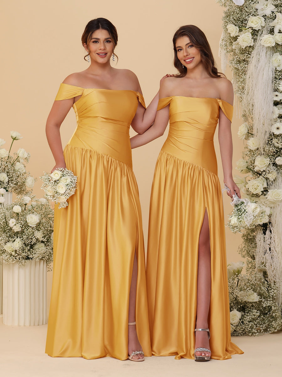 A-Line/Princess Off-the-Shoulder  Ruched Long Bridesmaid Dresses With Side Slit & Pleats - 画像 (49)