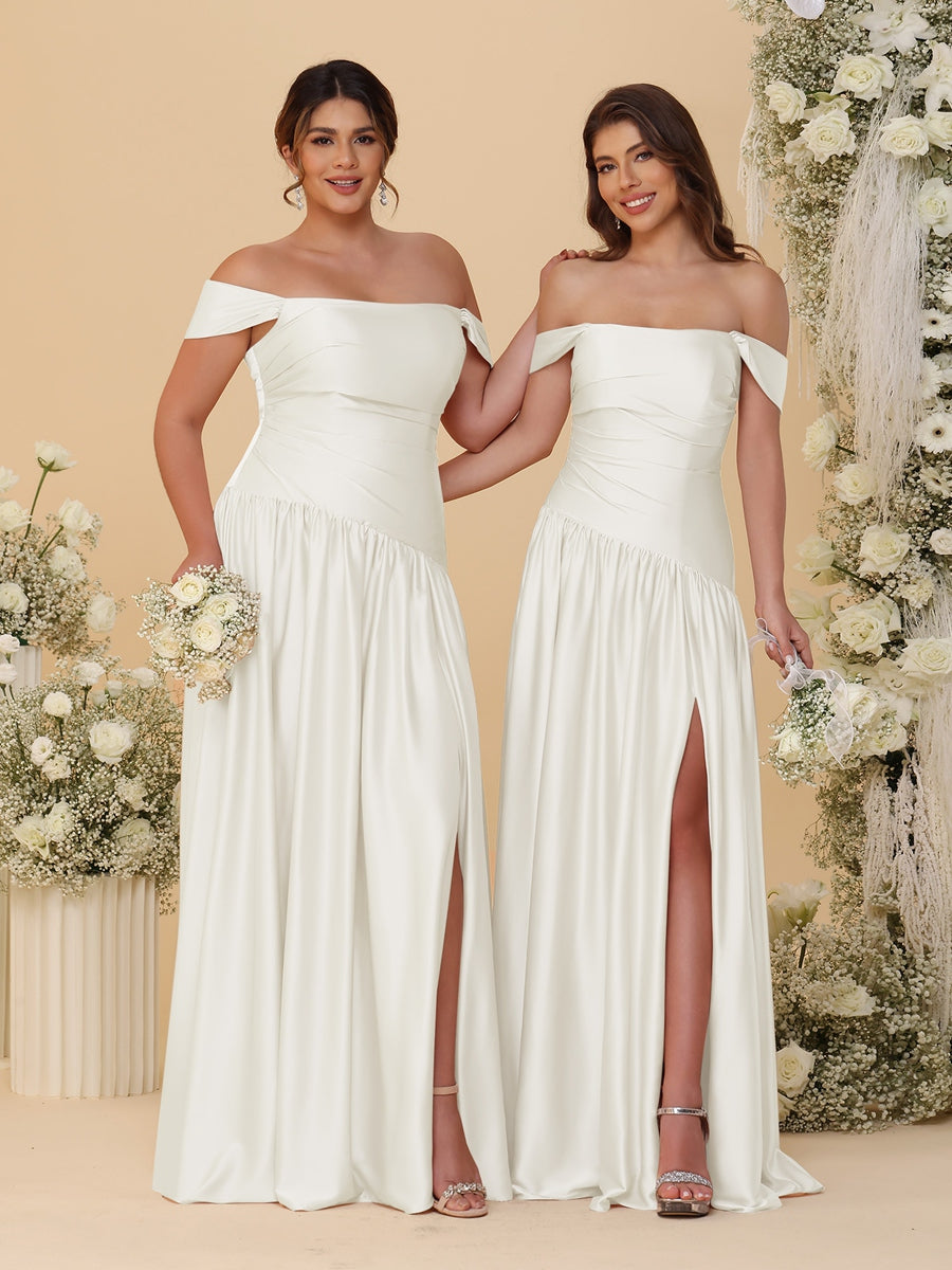 A-Line/Princess Off-the-Shoulder  Ruched Long Bridesmaid Dresses With Side Slit & Pleats - 画像 (13)