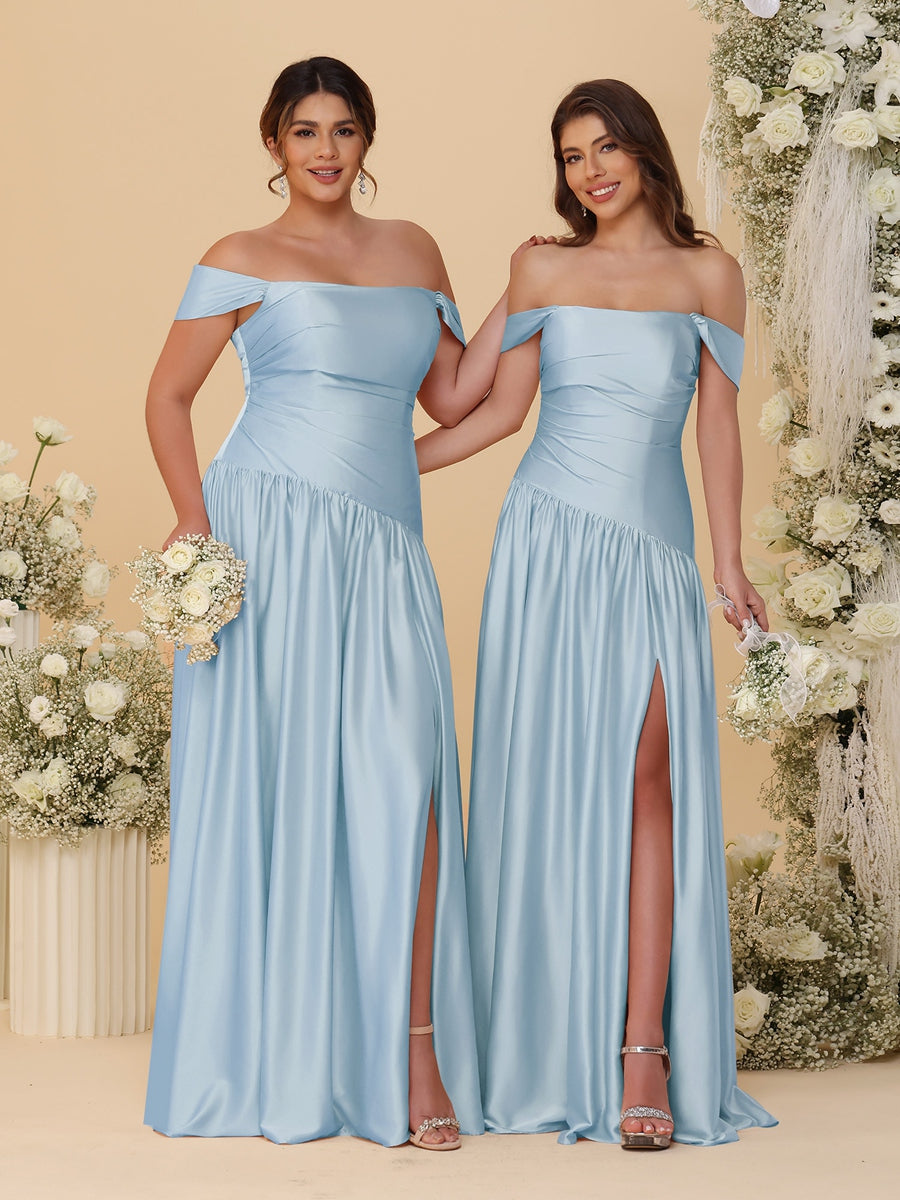 A-Line/Princess Off-the-Shoulder  Ruched Long Bridesmaid Dresses With Side Slit & Pleats - 画像 (53)