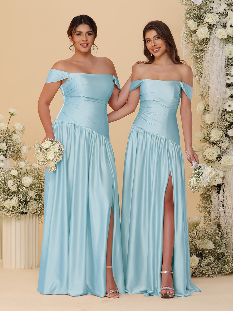 A-Line/Princess Off-the-Shoulder  Ruched Long Bridesmaid Dresses With Side Slit & Pleats - 画像 (27)