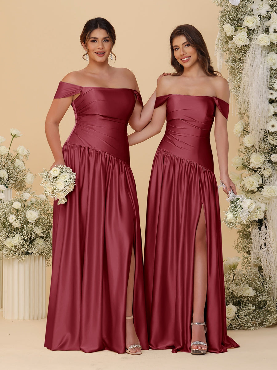 A-Line/Princess Off-the-Shoulder  Ruched Long Bridesmaid Dresses With Side Slit & Pleats - 画像 (67)