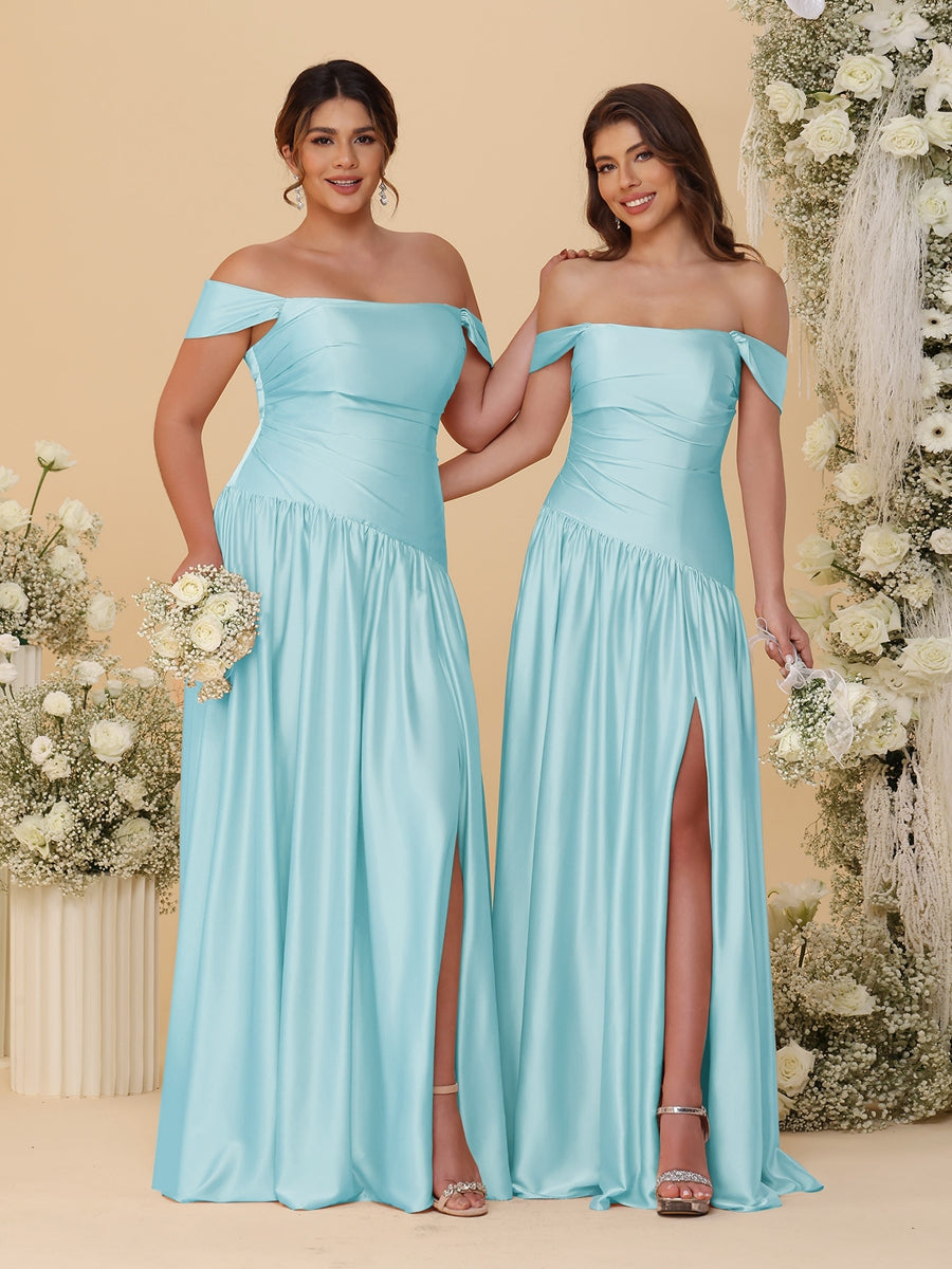 A-Line/Princess Off-the-Shoulder  Ruched Long Bridesmaid Dresses With Side Slit & Pleats - 画像 (29)