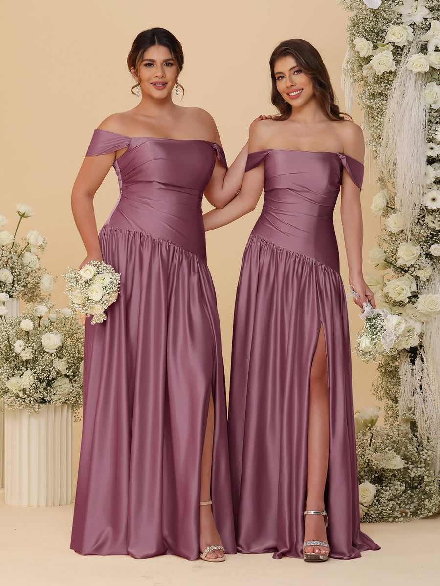 A-Line/Princess Off-the-Shoulder  Ruched Long Bridesmaid Dresses With Side Slit & Pleats - 画像 (30)