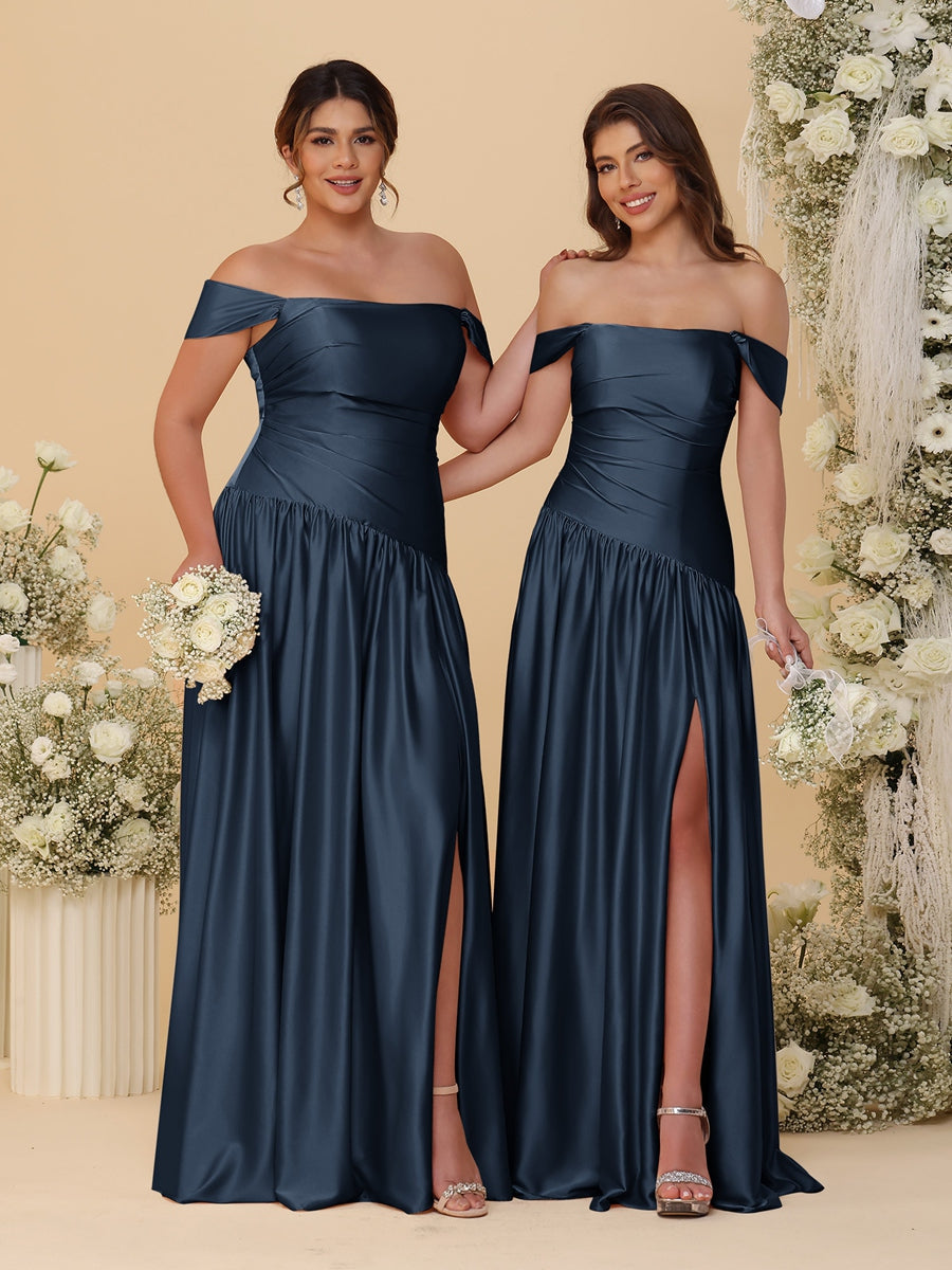 A-Line/Princess Off-the-Shoulder  Ruched Long Bridesmaid Dresses With Side Slit & Pleats - 画像 (31)