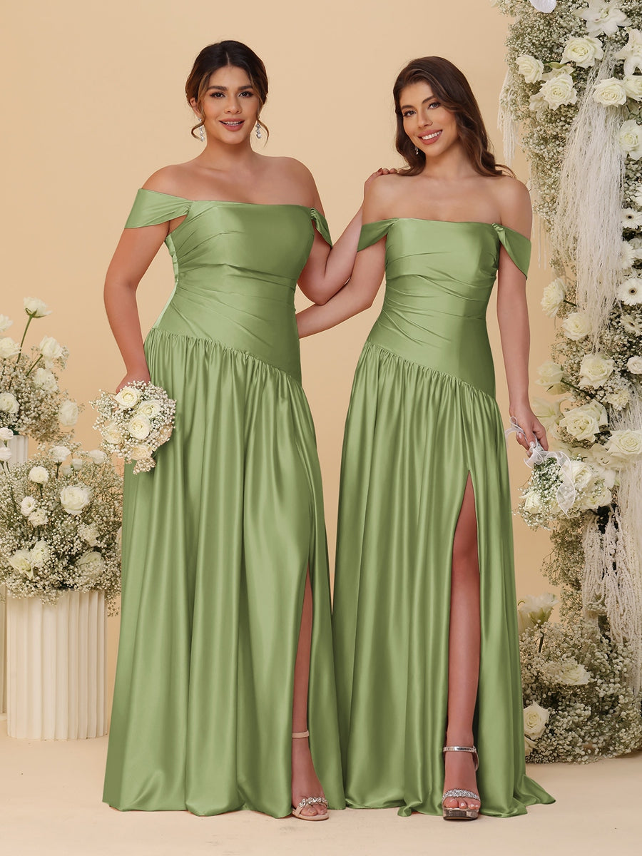 A-Line/Princess Off-the-Shoulder  Ruched Long Bridesmaid Dresses With Side Slit & Pleats - 画像 (21)