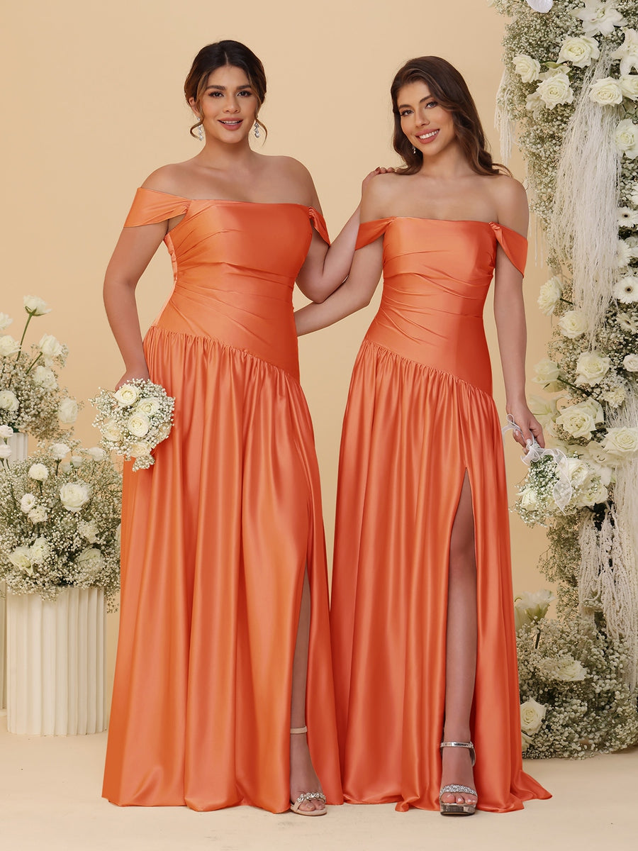 A-Line/Princess Off-the-Shoulder  Ruched Long Bridesmaid Dresses With Side Slit & Pleats - 画像 (55)