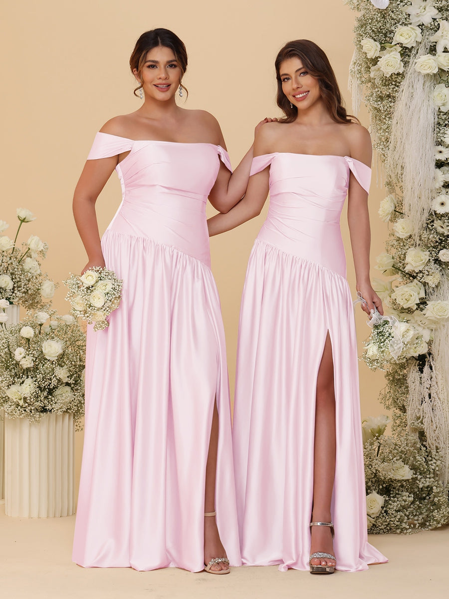 A-Line/Princess Off-the-Shoulder  Ruched Long Bridesmaid Dresses With Side Slit & Pleats - 画像 (22)