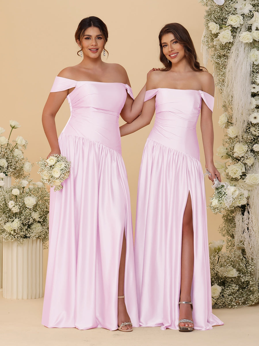 A-Line/Princess Off-the-Shoulder  Ruched Long Bridesmaid Dresses With Side Slit & Pleats - 画像 (14)