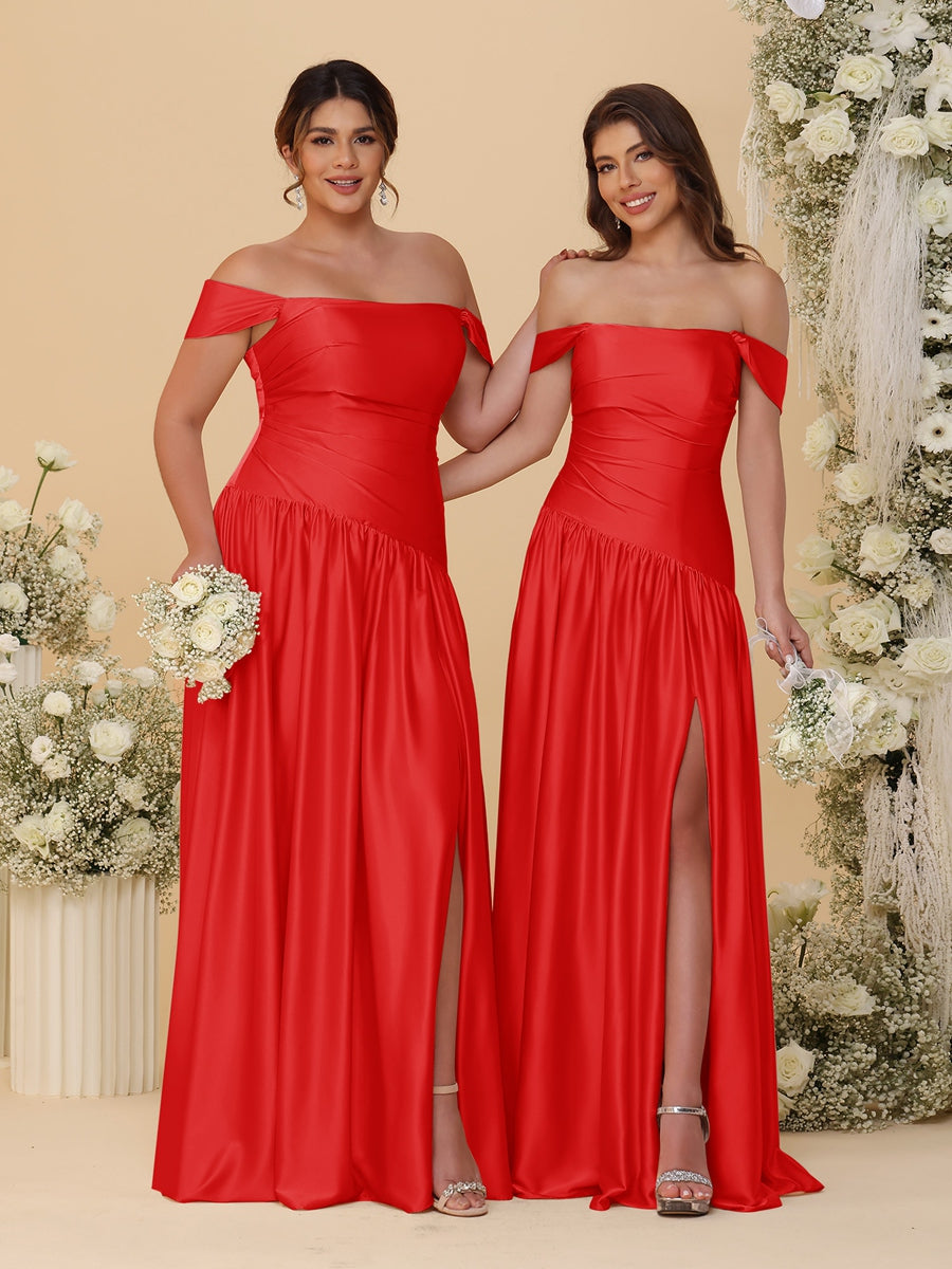 A-Line/Princess Off-the-Shoulder  Ruched Long Bridesmaid Dresses With Side Slit & Pleats - 画像 (32)