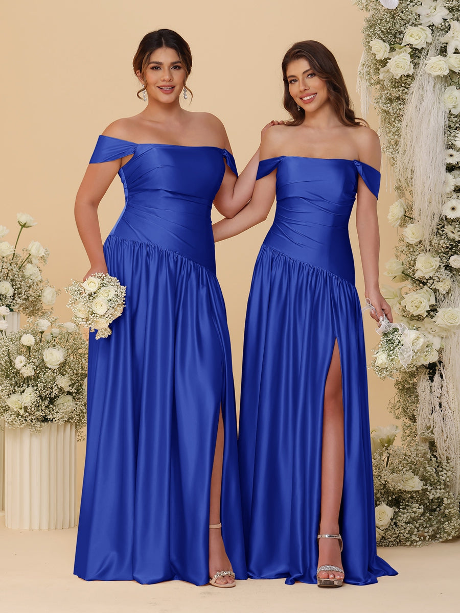A-Line/Princess Off-the-Shoulder  Ruched Long Bridesmaid Dresses With Side Slit & Pleats - 画像 (40)