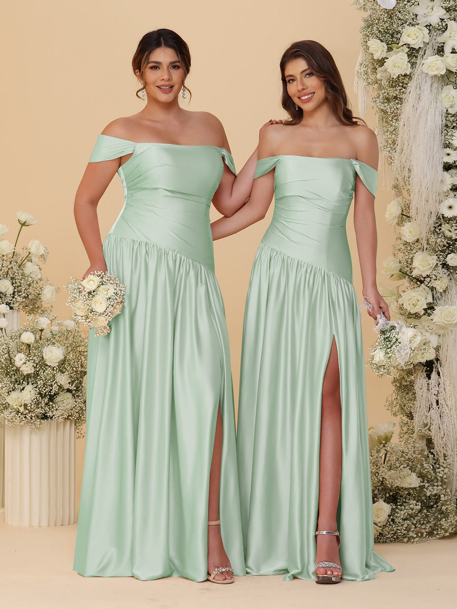 A-Line/Princess Off-the-Shoulder  Ruched Long Bridesmaid Dresses With Side Slit & Pleats - 画像 (23)