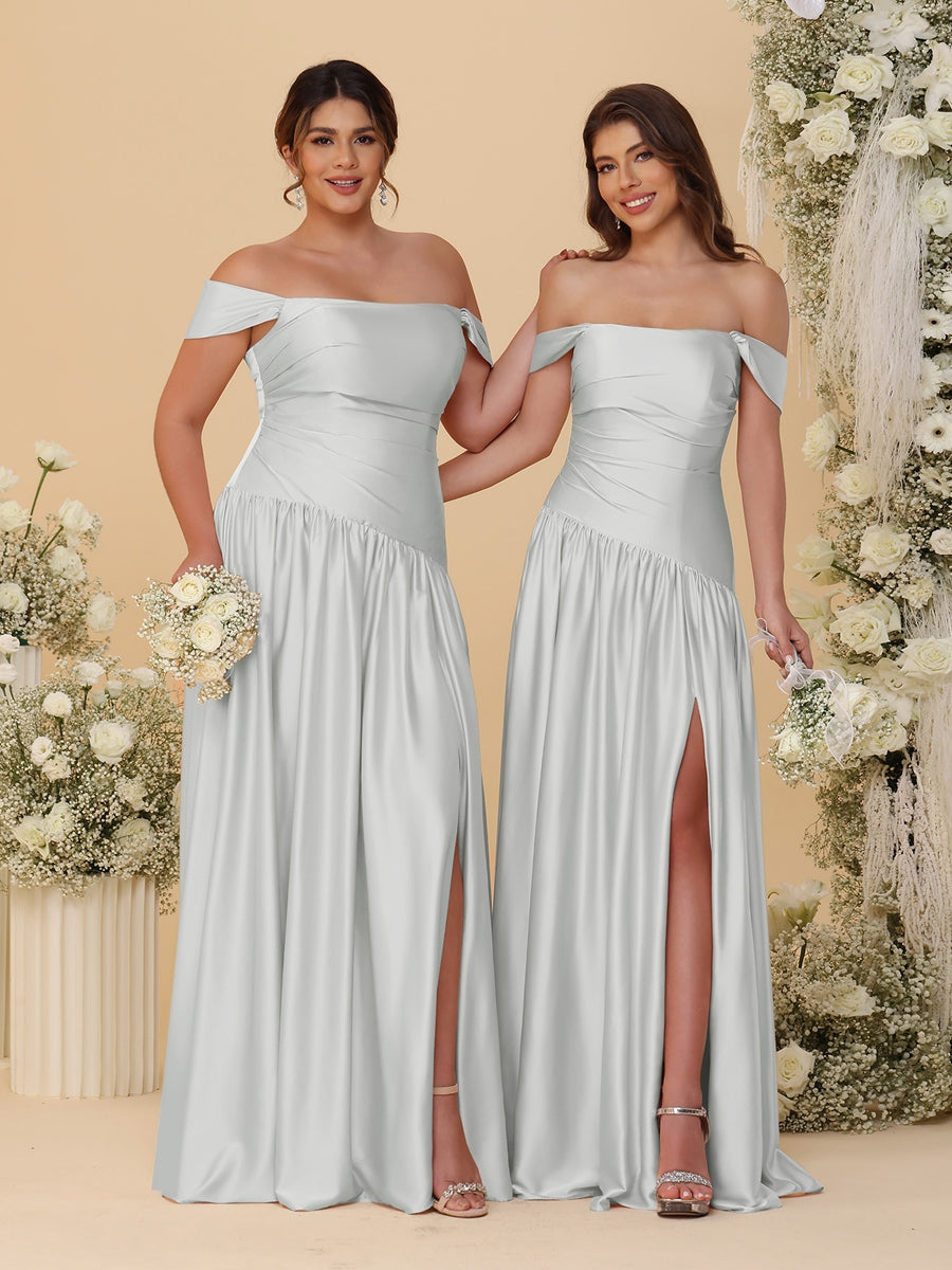 A-Line/Princess Off-the-Shoulder  Ruched Long Bridesmaid Dresses With Side Slit & Pleats - 画像 (15)