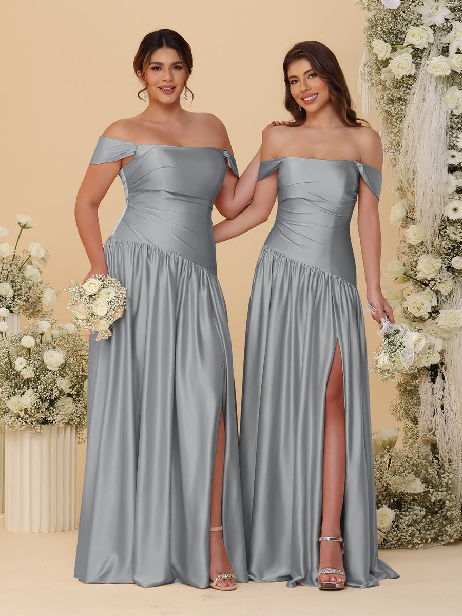 A-Line/Princess Off-the-Shoulder  Ruched Long Bridesmaid Dresses With Side Slit & Pleats - 画像 (59)
