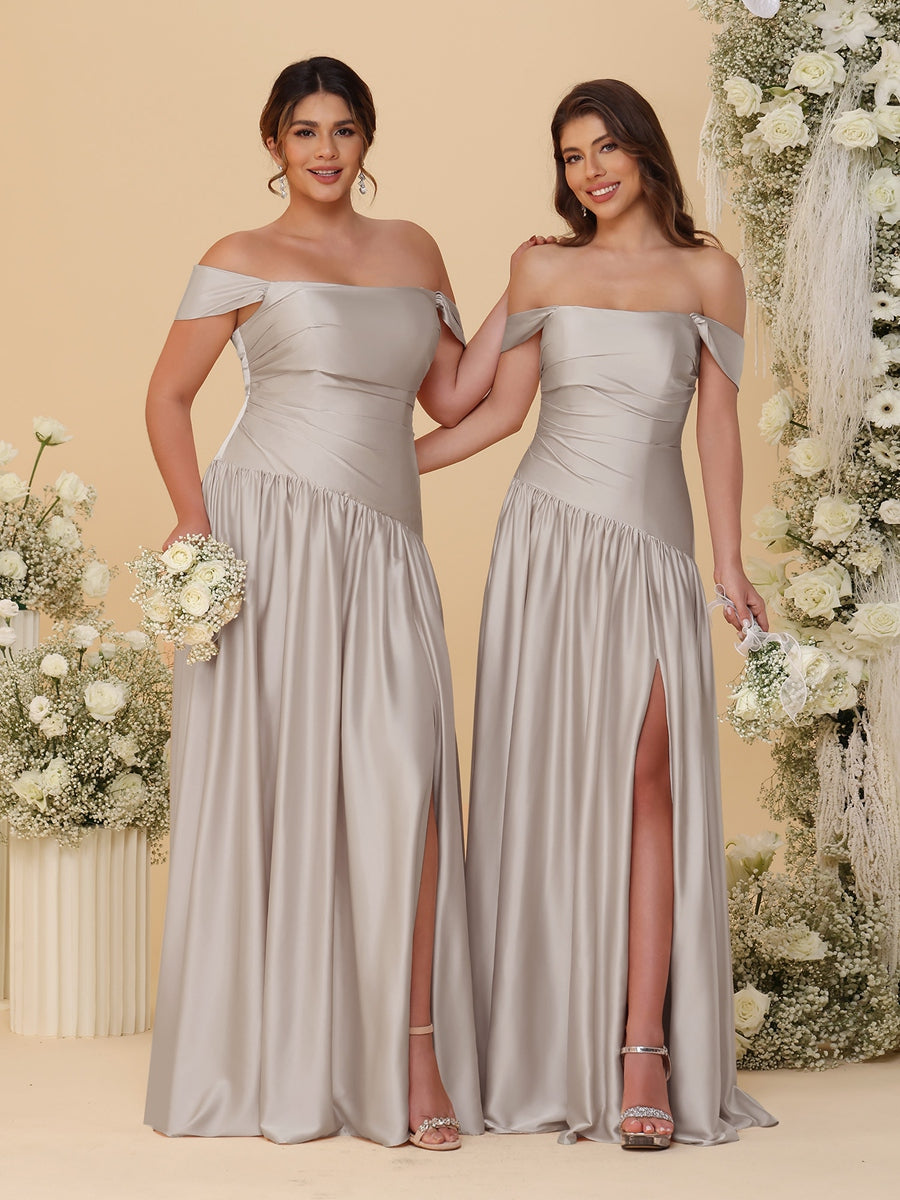 A-Line/Princess Off-the-Shoulder  Ruched Long Bridesmaid Dresses With Side Slit & Pleats - 画像 (17)