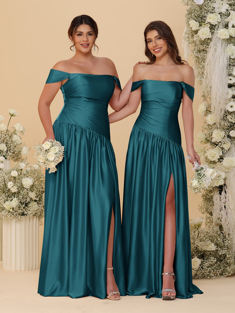 A-Line/Princess Off-the-Shoulder  Ruched Long Bridesmaid Dresses With Side Slit & Pleats - 画像 (70)