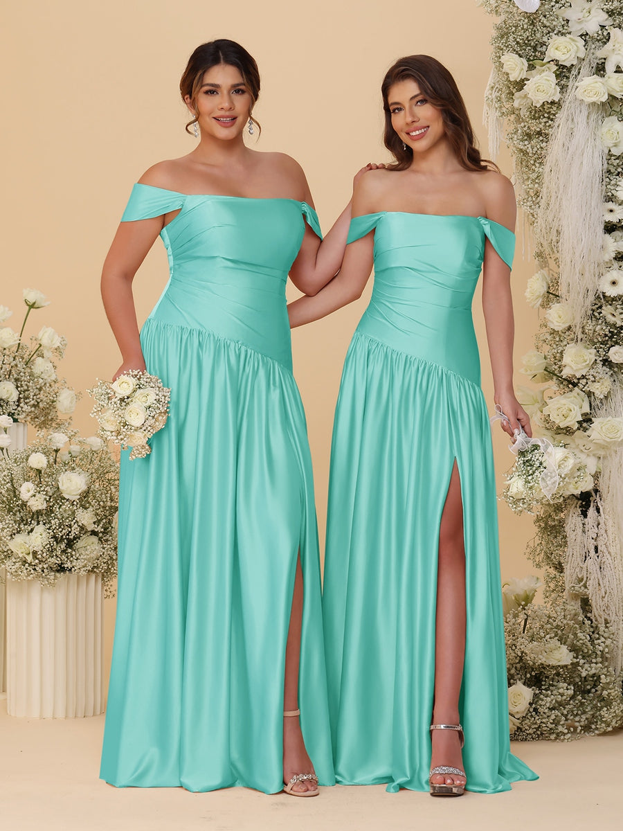 A-Line/Princess Off-the-Shoulder  Ruched Long Bridesmaid Dresses With Side Slit & Pleats - 画像 (62)