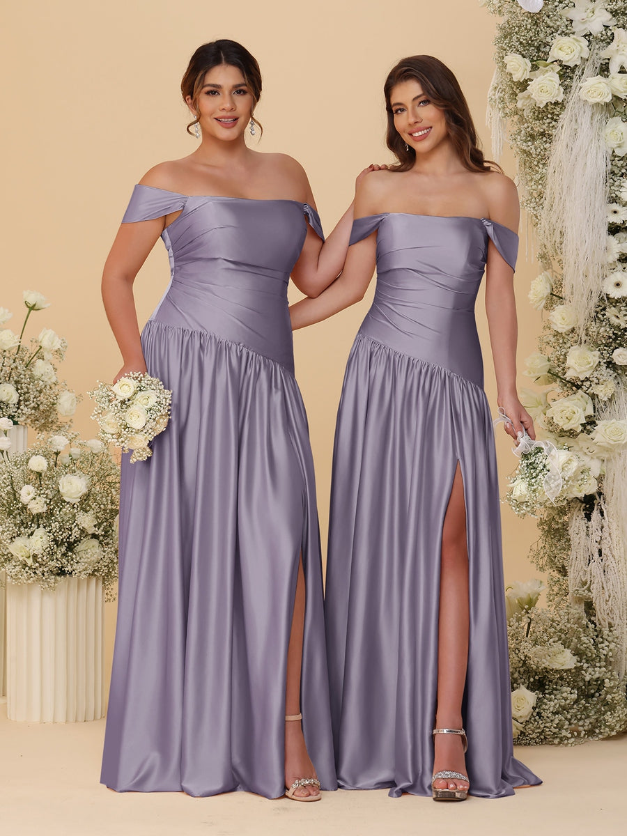 A-Line/Princess Off-the-Shoulder  Ruched Long Bridesmaid Dresses With Side Slit & Pleats - 画像 (71)