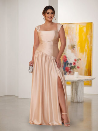 A-Line/Princess Off-the-Shoulder Plus Size Bridesmaid Dresses With Side Slit & Pleats