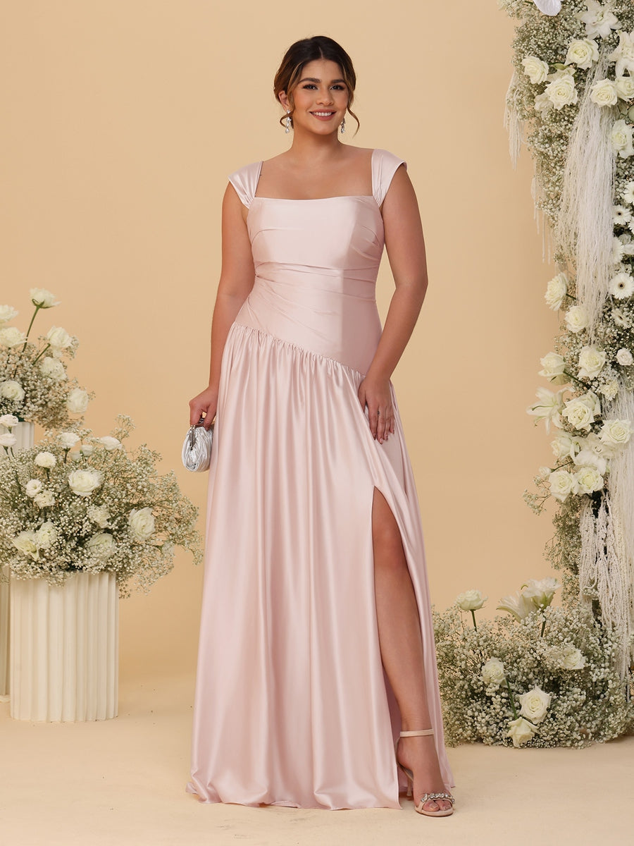 A-Line/Princess Off-the-Shoulder Plus Size Bridesmaid Dresses With Side Slit & Pleats - 画像 (7)