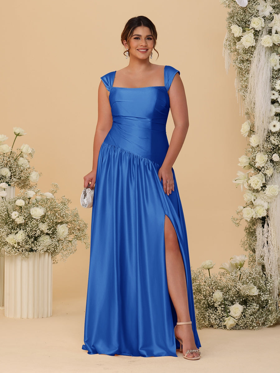 A-Line/Princess Off-the-Shoulder Plus Size Bridesmaid Dresses With Side Slit & Pleats - 画像 (49)