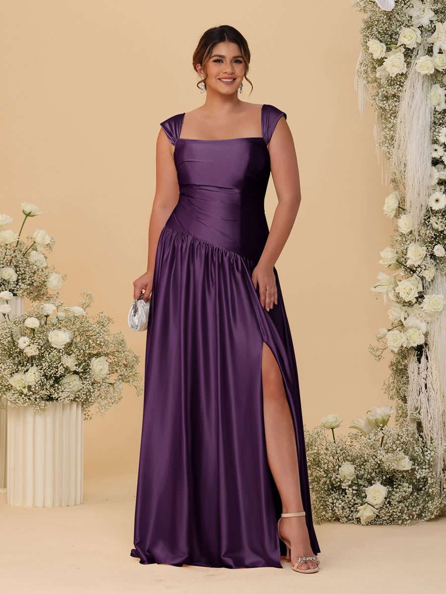 A-Line/Princess Off-the-Shoulder Plus Size Bridesmaid Dresses With Side Slit & Pleats - 画像 (30)