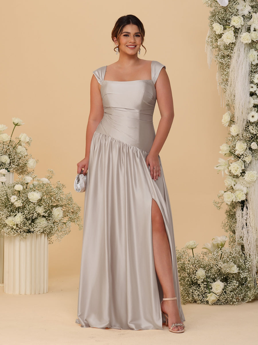 A-Line/Princess Off-the-Shoulder Plus Size Bridesmaid Dresses With Side Slit & Pleats - 画像 (34)