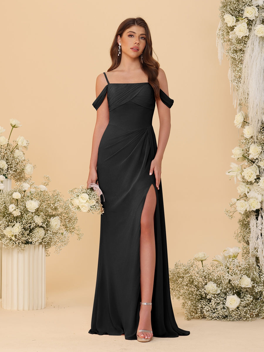 Sheath/Column Off-the-Shoulder Spaghetti Straps Long Ruched Bridesmaid Dresses With Side Slit - 이미지 9
