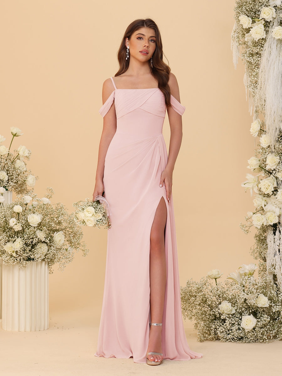 Sheath/Column Off-the-Shoulder Spaghetti Straps Long Ruched Bridesmaid Dresses With Side Slit - 이미지 55