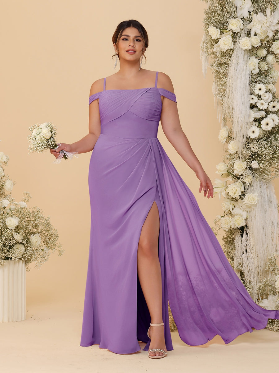 Sheath/Column Off-the-Shoulder Spaghetti Straps Plus Size Bridesmaid Dresses With Side Slit - 이미지 18