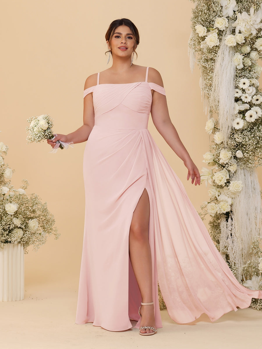 Sheath/Column Off-the-Shoulder Spaghetti Straps Plus Size Bridesmaid Dresses With Side Slit - 이미지 52