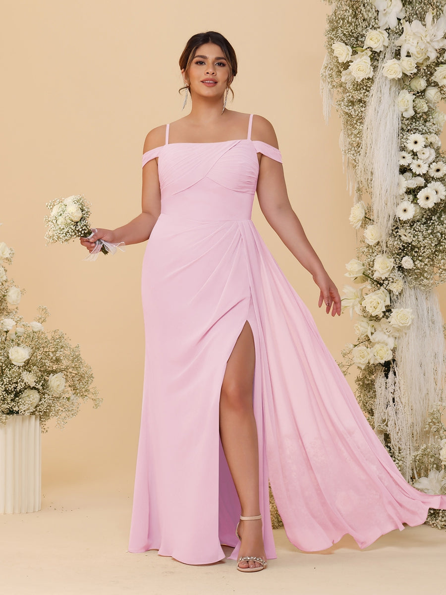 Sheath/Column Off-the-Shoulder Spaghetti Straps Plus Size Bridesmaid Dresses With Side Slit - 이미지 53