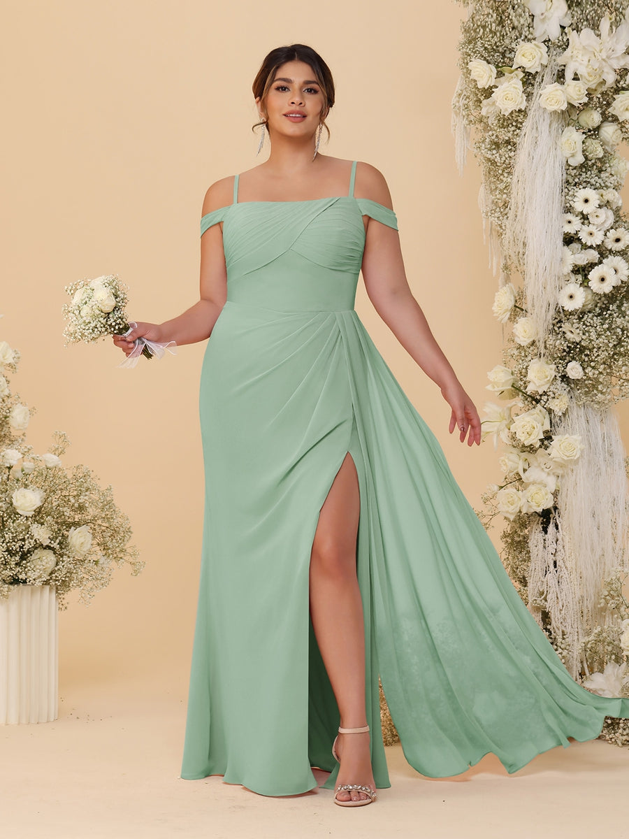 Sheath/Column Off-the-Shoulder Spaghetti Straps Plus Size Bridesmaid Dresses With Side Slit - 이미지 59