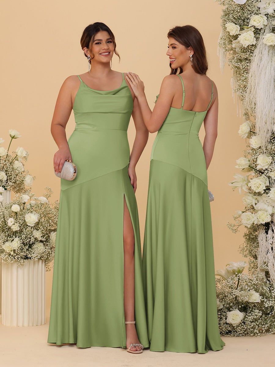 Sheath/Column Spaghetti Straps Cowl Neck Sleeveless Bridesmaid Dresses With Split Side - 이미지 29