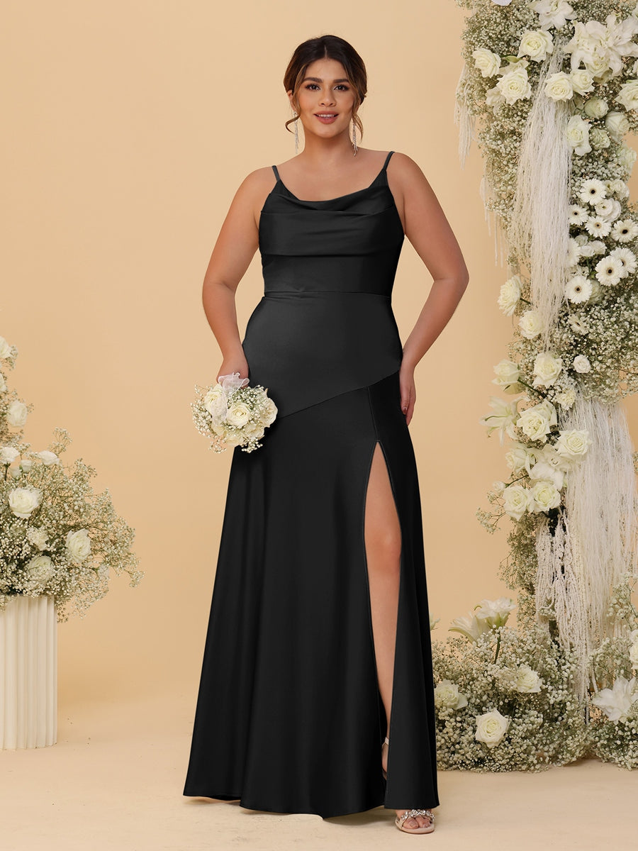 Sheath/Column Spaghetti Straps Cowl Neck Sleeveless Plus Size Bridesmaid Dresses With Split Side - 이미지 5