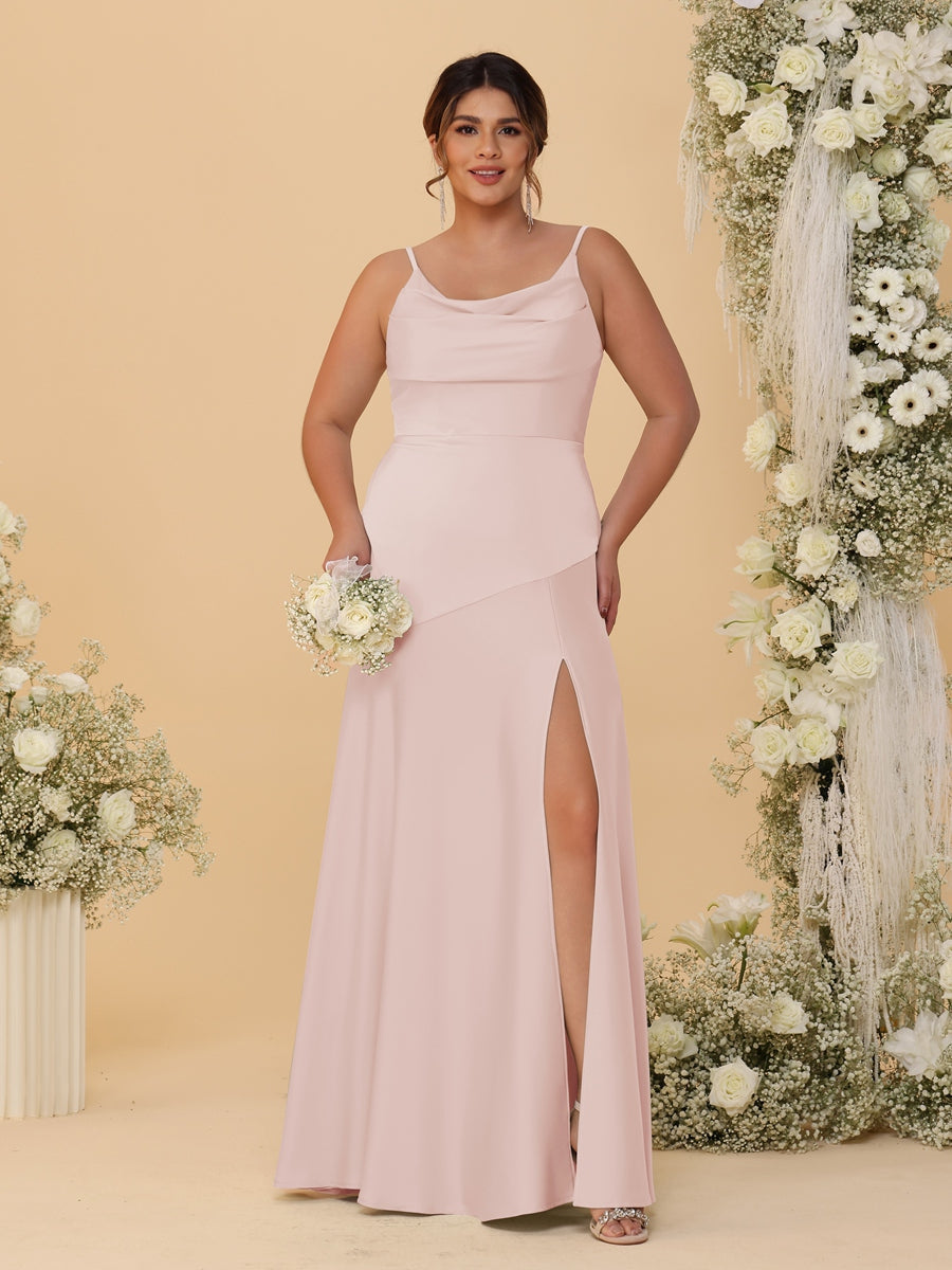 Sheath/Column Spaghetti Straps Cowl Neck Sleeveless Plus Size Bridesmaid Dresses With Split Side - 이미지 6