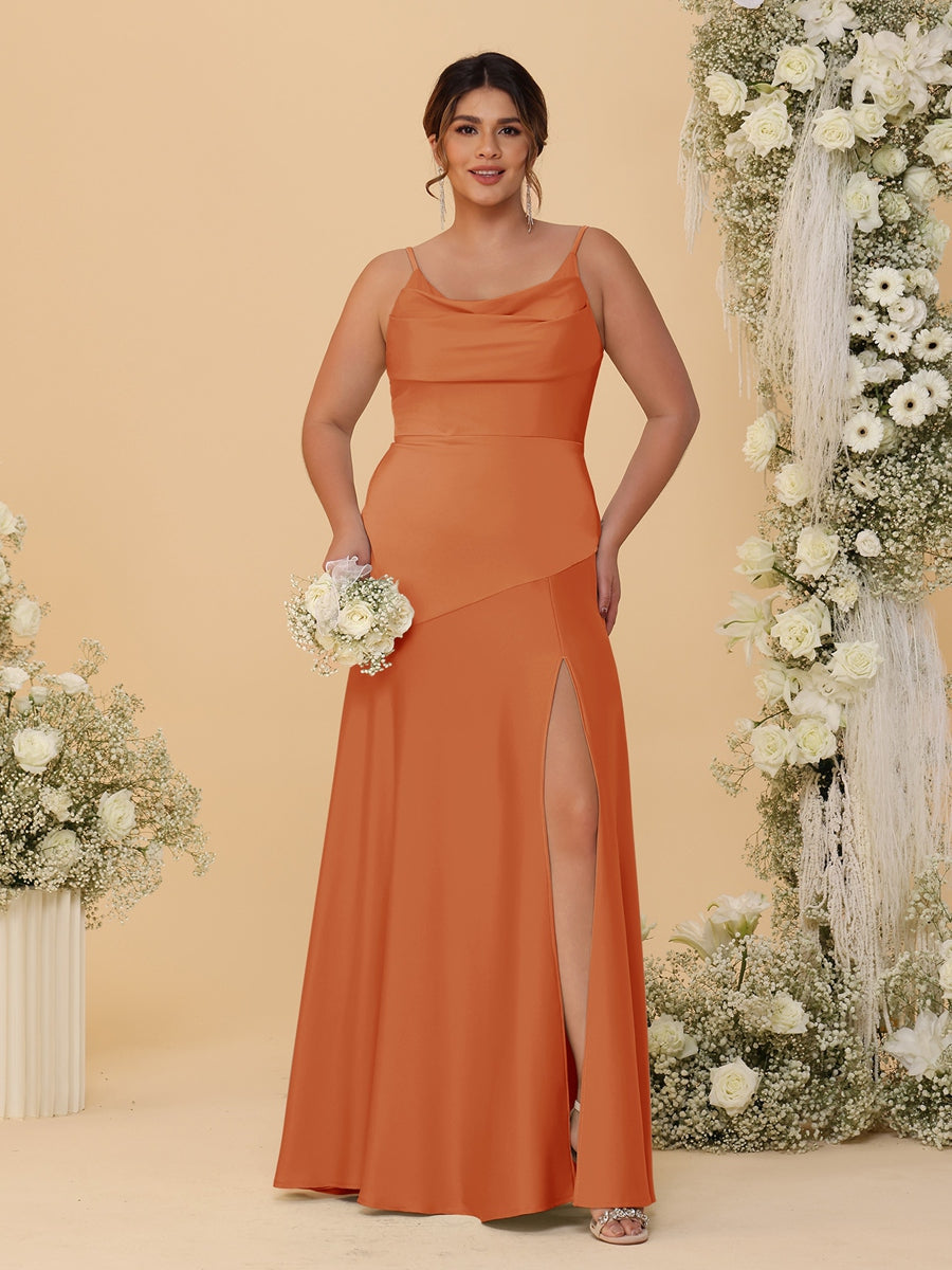 Sheath/Column Spaghetti Straps Cowl Neck Sleeveless Plus Size Bridesmaid Dresses With Split Side - 이미지 9