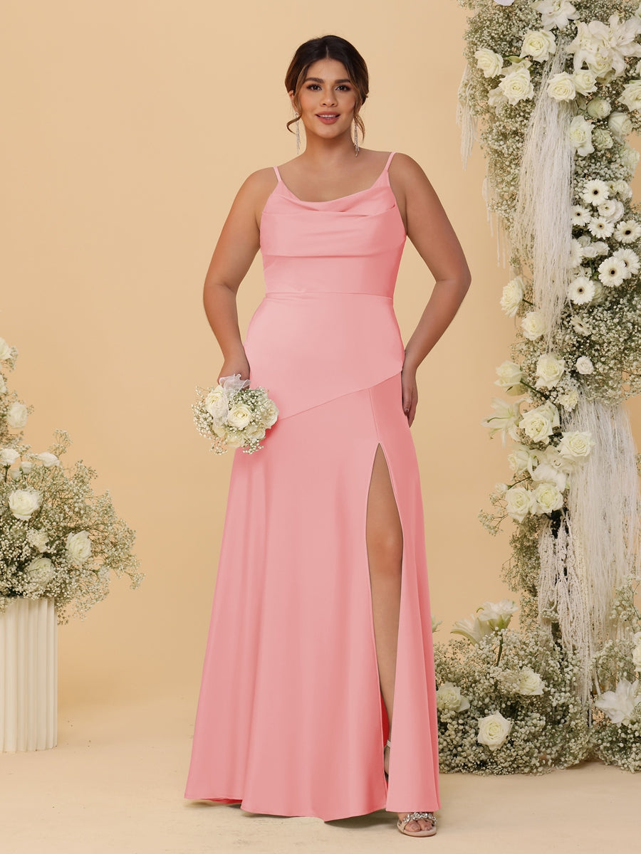 Sheath/Column Spaghetti Straps Cowl Neck Sleeveless Plus Size Bridesmaid Dresses With Split Side - 이미지 12