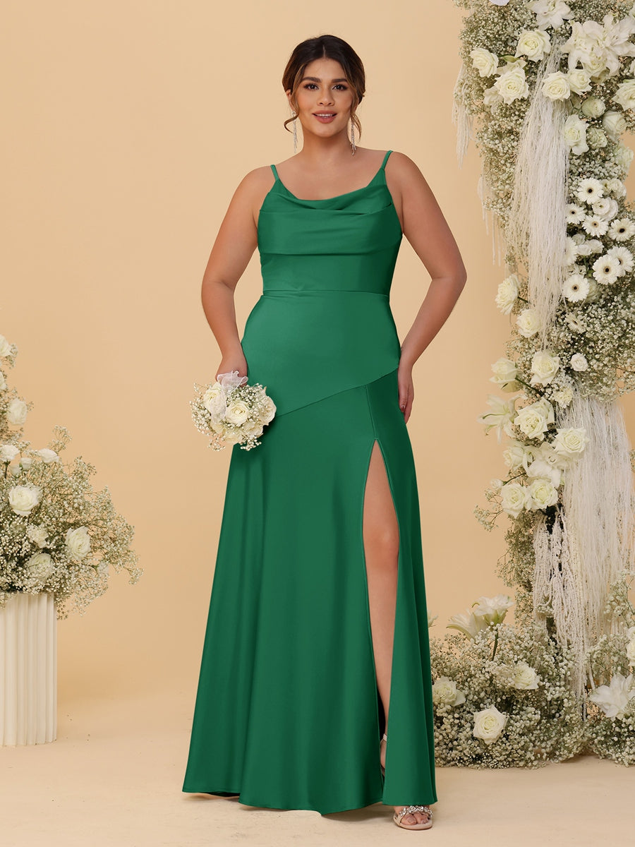 Sheath/Column Spaghetti Straps Cowl Neck Sleeveless Plus Size Bridesmaid Dresses With Split Side - 이미지 13