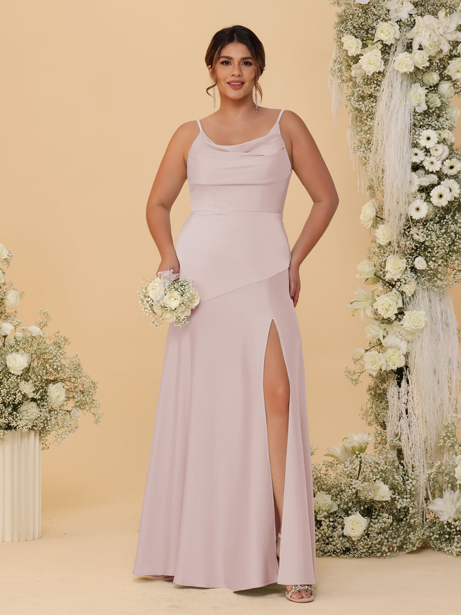 Sheath/Column Spaghetti Straps Cowl Neck Sleeveless Plus Size Bridesmaid Dresses With Split Side - 이미지 15