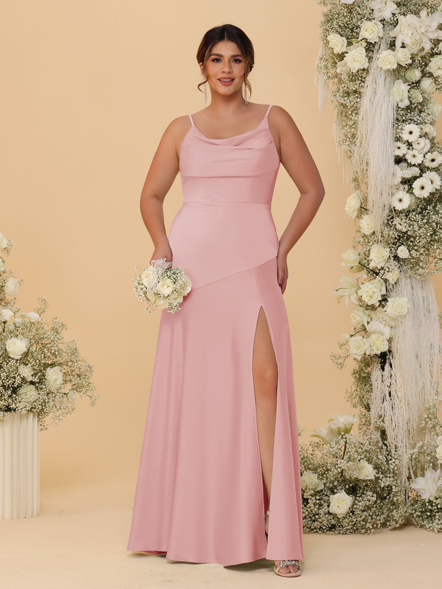 Sheath/Column Spaghetti Straps Cowl Neck Sleeveless Plus Size Bridesmaid Dresses With Split Side - 이미지 16