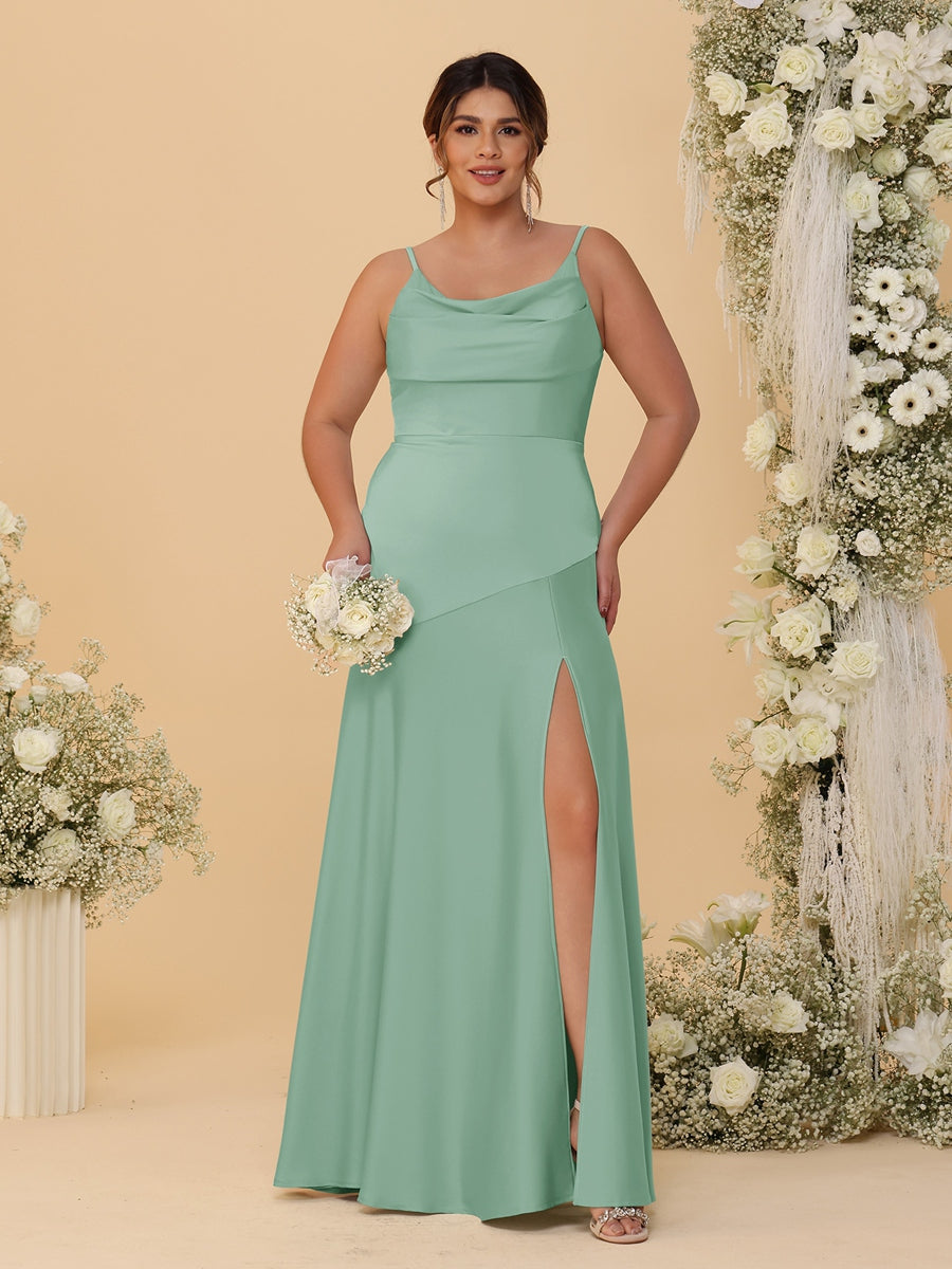 Sheath/Column Spaghetti Straps Cowl Neck Sleeveless Plus Size Bridesmaid Dresses With Split Side - 이미지 19