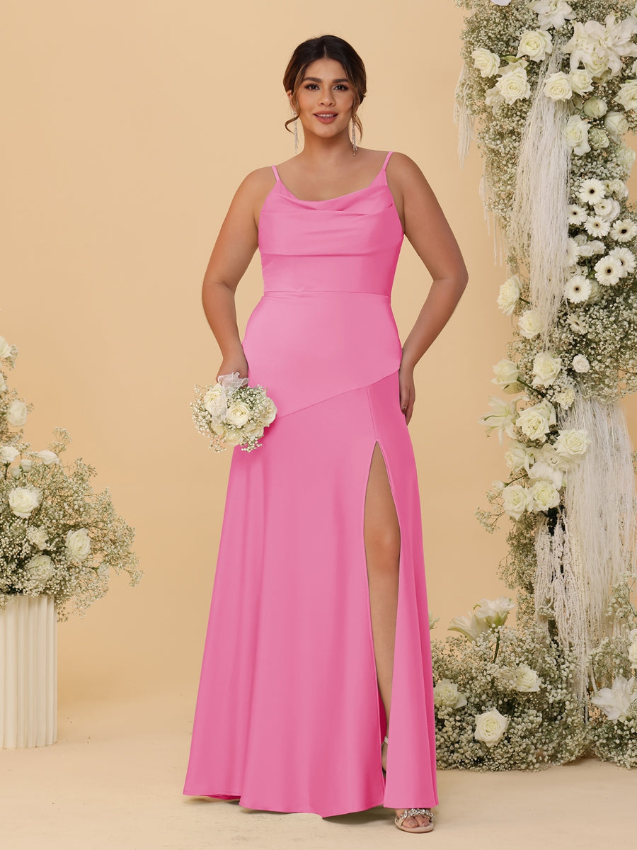 Sheath/Column Spaghetti Straps Cowl Neck Sleeveless Plus Size Bridesmaid Dresses With Split Side - 이미지 26
