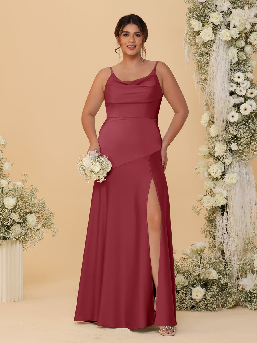 Sheath/Column Spaghetti Straps Cowl Neck Sleeveless Plus Size Bridesmaid Dresses With Split Side - 이미지 30